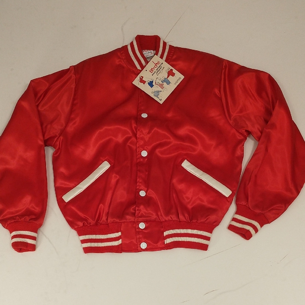 Vintage Red Satin Varsity Jacket Deadstock Unworn 40" Chest 21" Length Youth rXS